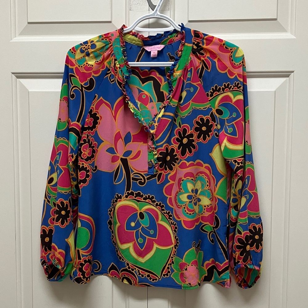 Lilly Pulitzer Elsa silk long sleeve blouse, rare Starry Blue Drama Queen XS - Picture 2 of 11